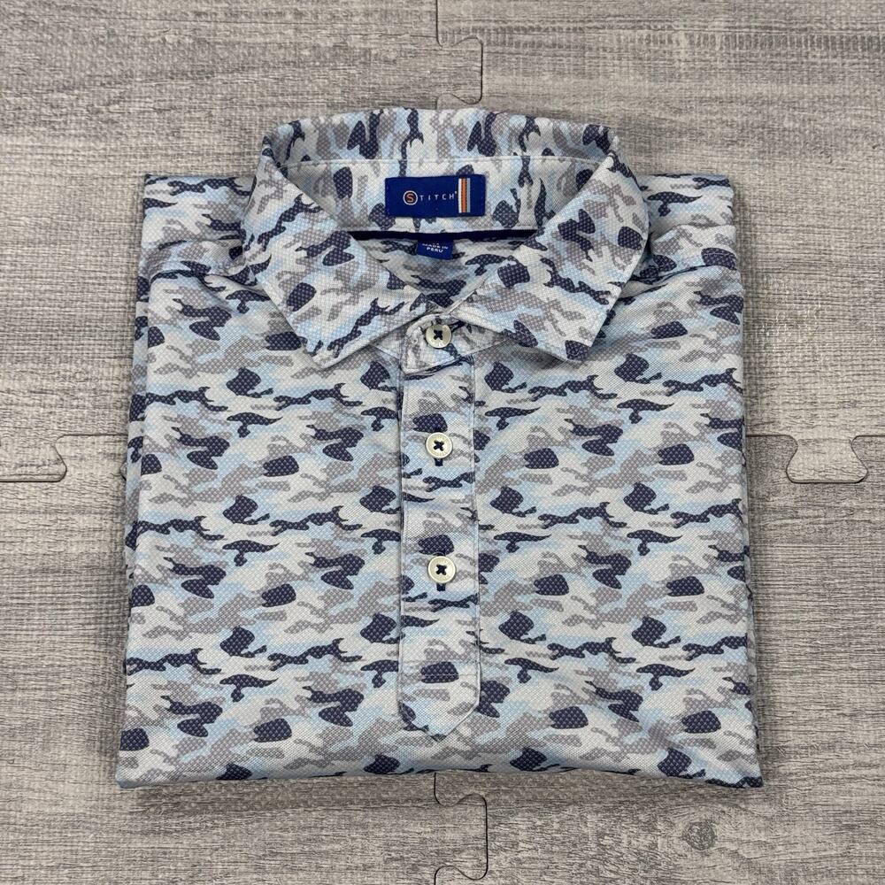 Stitch x Denton Country Club Golf Camo Polo Shirt Men’s M Geometric AOP Blue EUC